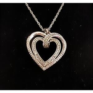 Diamond Accent Double Open Heart Silver Pendant & Chain